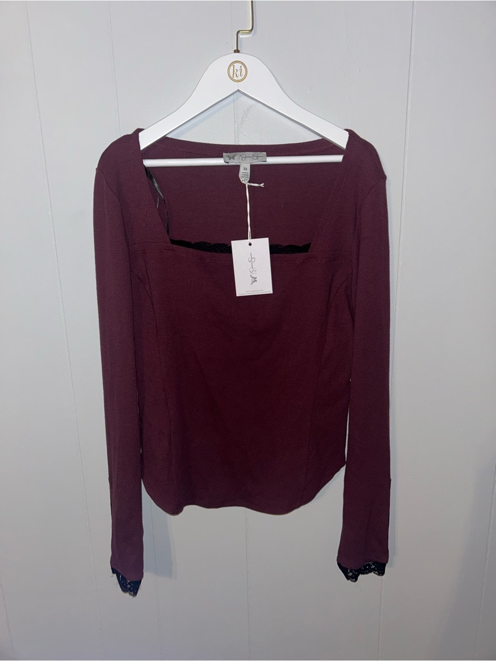 Jessica Simpson Long Sleeve Square Neck Top - Burgundy